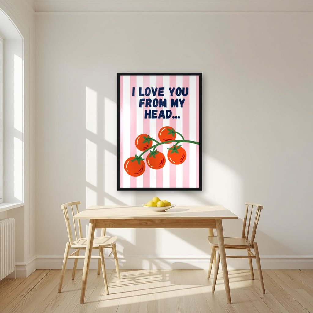 Head To-Matoes – Ketchup Stripe print in a black frame in a kitchen