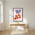 Head To-Matoes – Ketchup Stripe print in a black frame in a kitchen