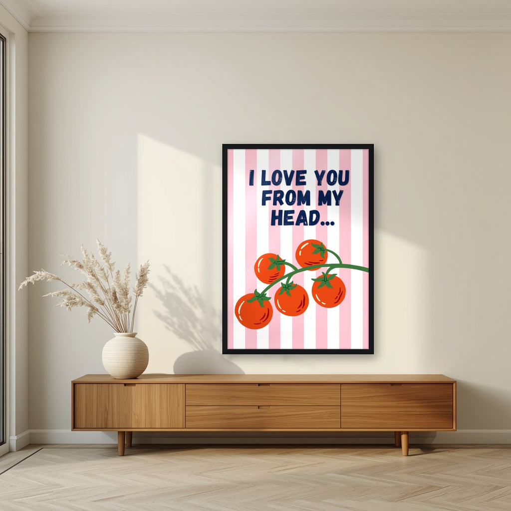 Head To-Matoes – Ketchup Stripe print in a black frame in a living room