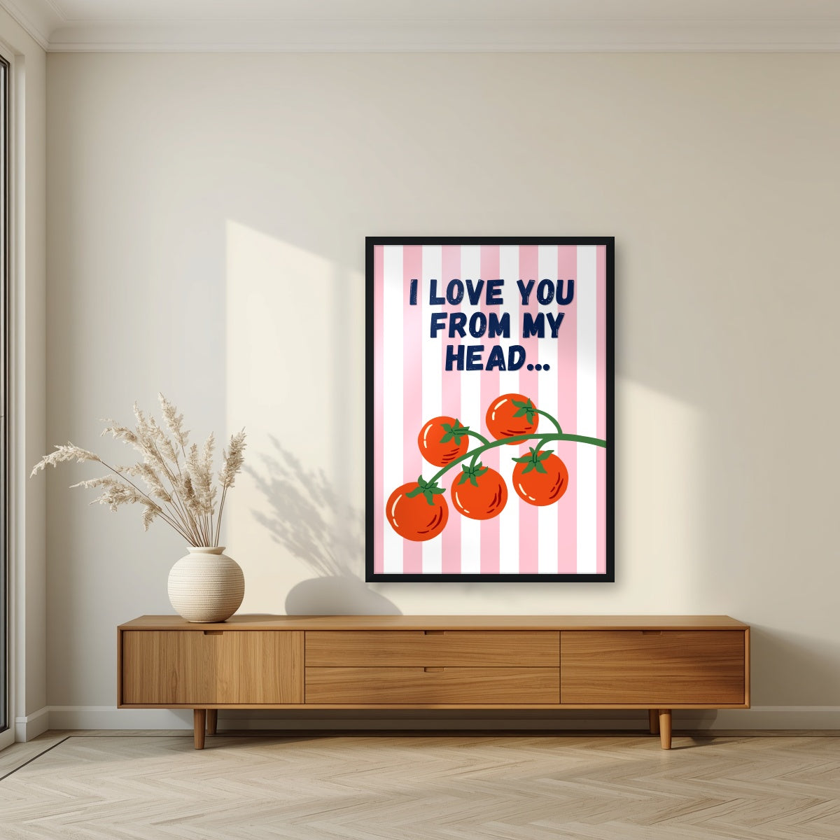 Head To-Matoes – Ketchup Stripe print in a black frame in a living room