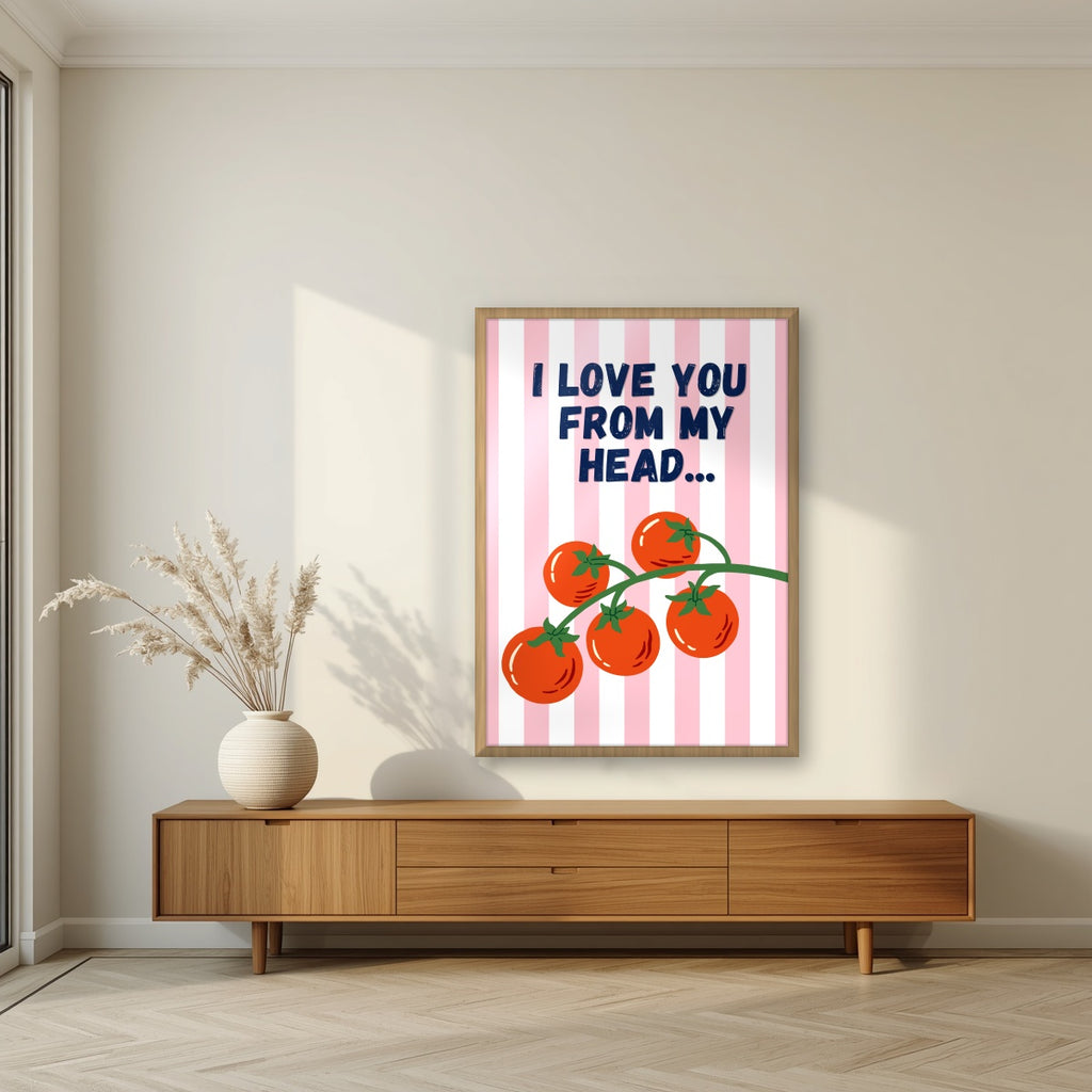 Head To-Matoes – Ketchup Stripe print in an oak frame in a living room