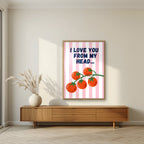 Head To-Matoes – Ketchup Stripe print in an oak frame in a living room