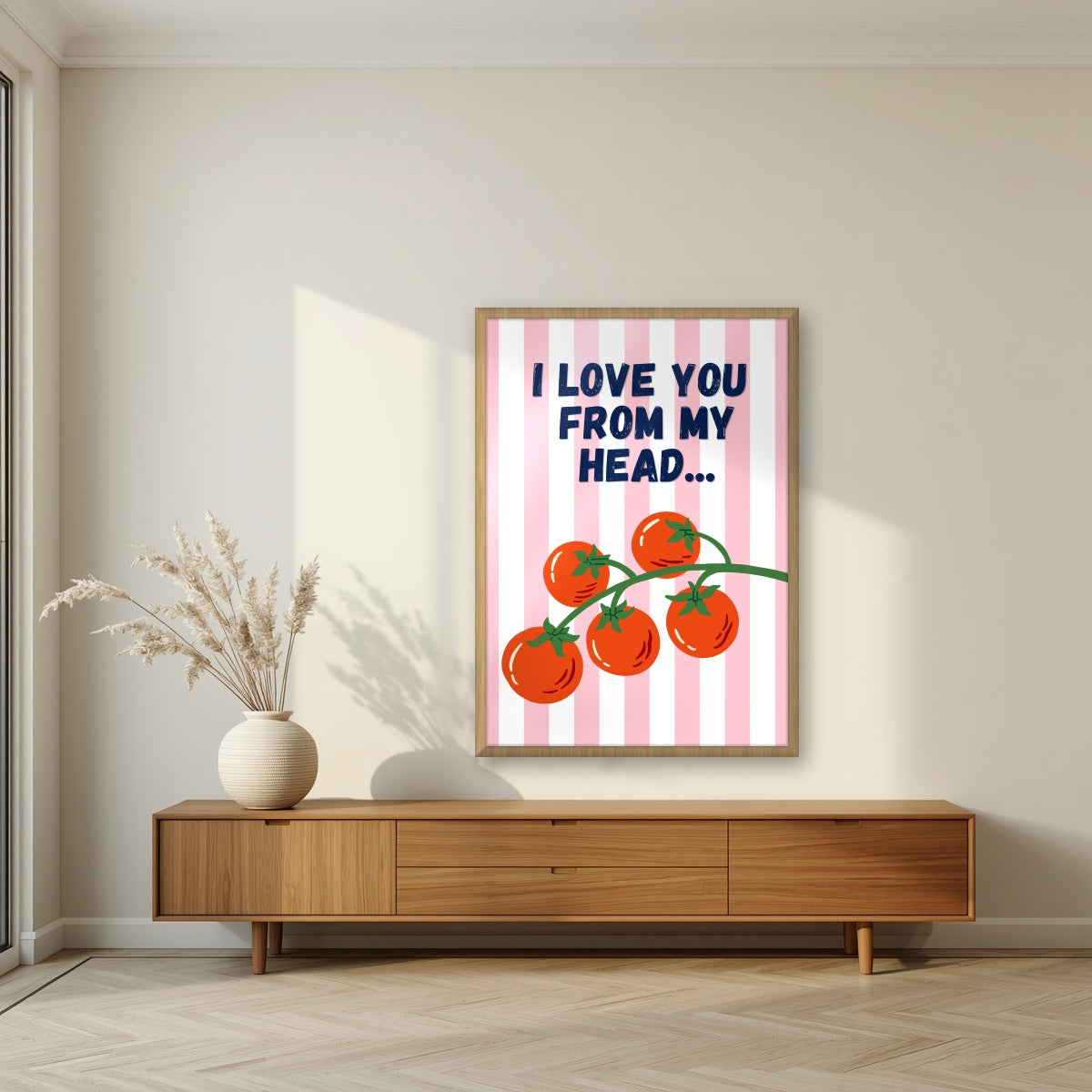 Head To-Matoes – Ketchup Stripe print in an oak frame in a living room