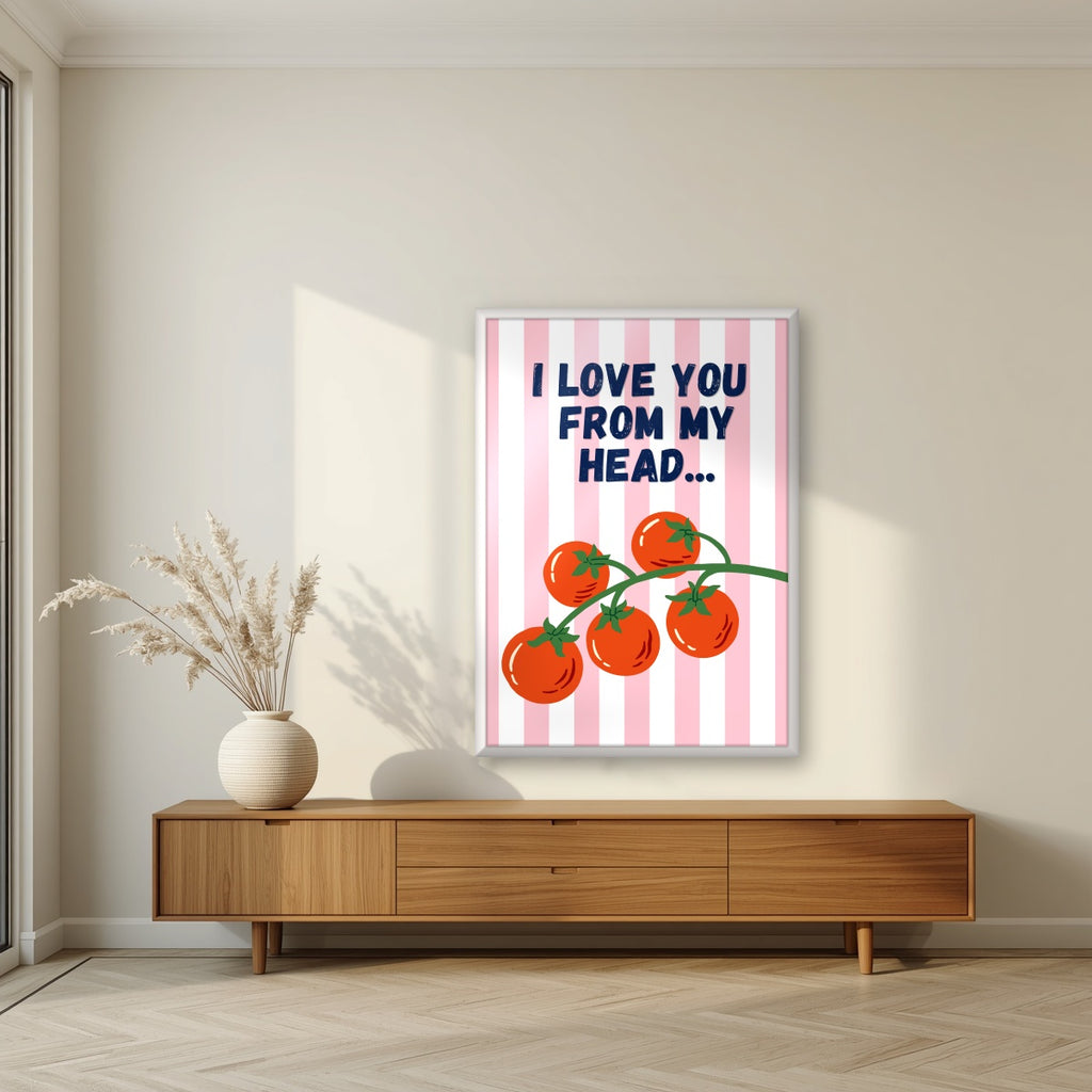 Head To-Matoes – Ketchup Stripe print in a white frame in a living room