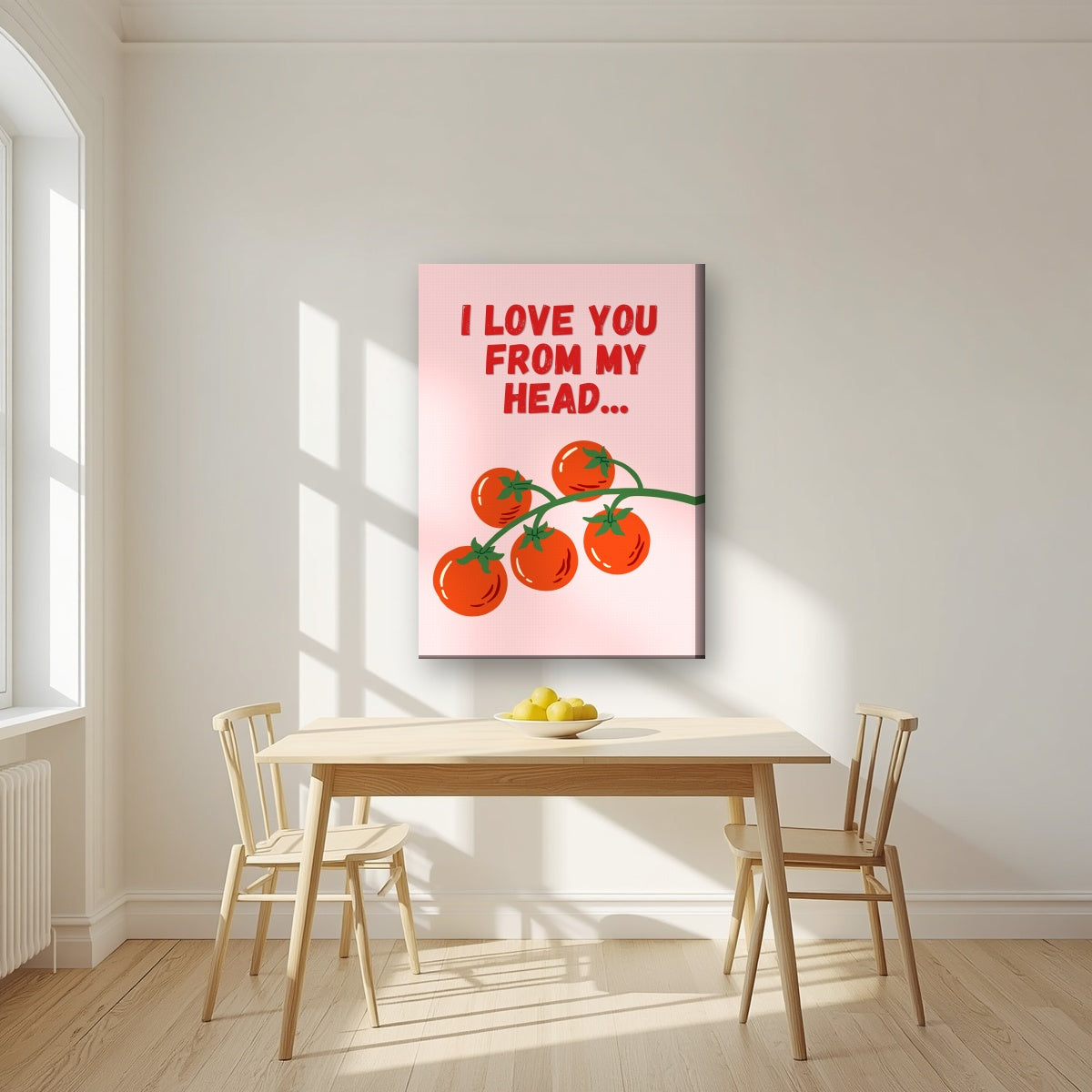 Head To-Matoes – Powder Blush on slim canvas in a kitchen
