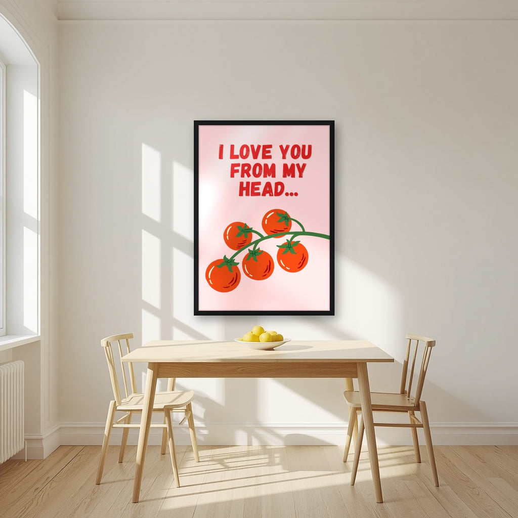 Head To-Matoes – Powder Blush print in a black frame in a kitchen