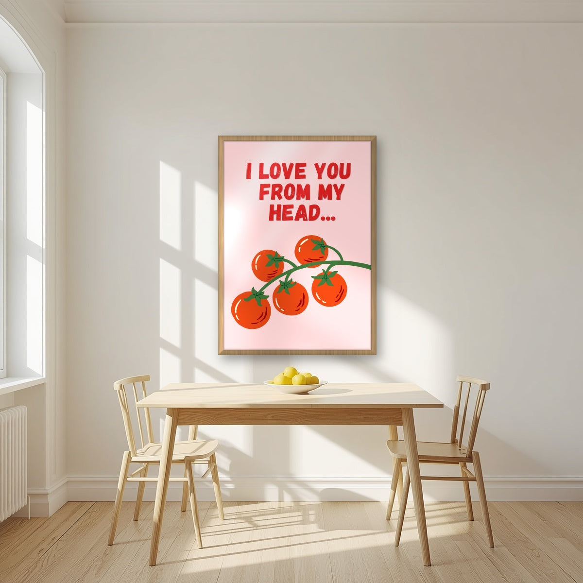 Head To-Matoes – Powder Blush print in an oak frame in a kitchen