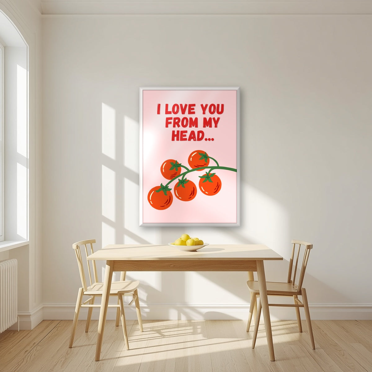 Head To-Matoes – Powder Blush print in a white frame in a kitchen