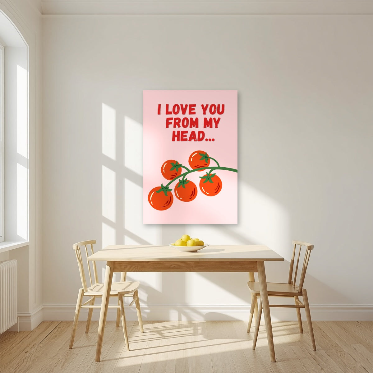 Head To-Matoes – Powder Blush unframed poster in a kitchen