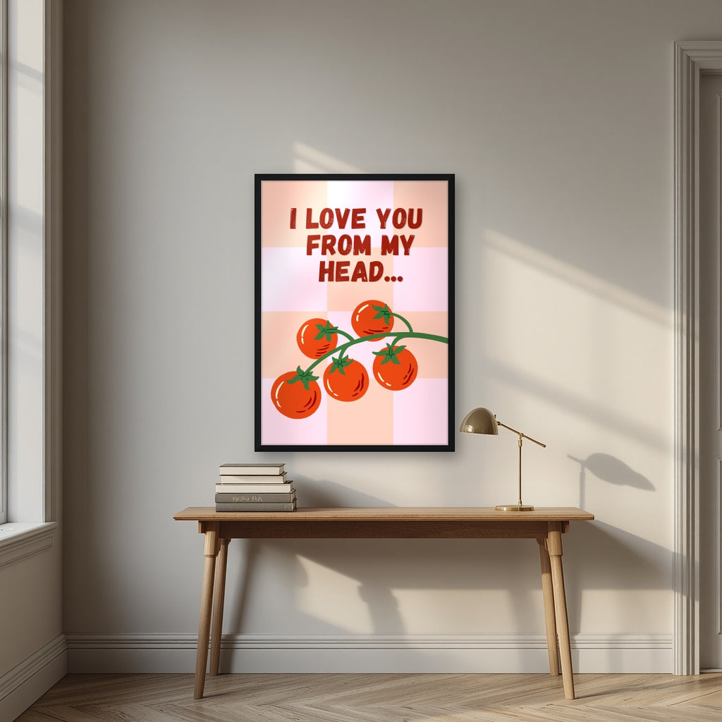 Head To-Matoes – Rose Check print in a black frame above a desk