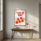 Head To-Matoes – Rose Check print in an oak frame above a desk