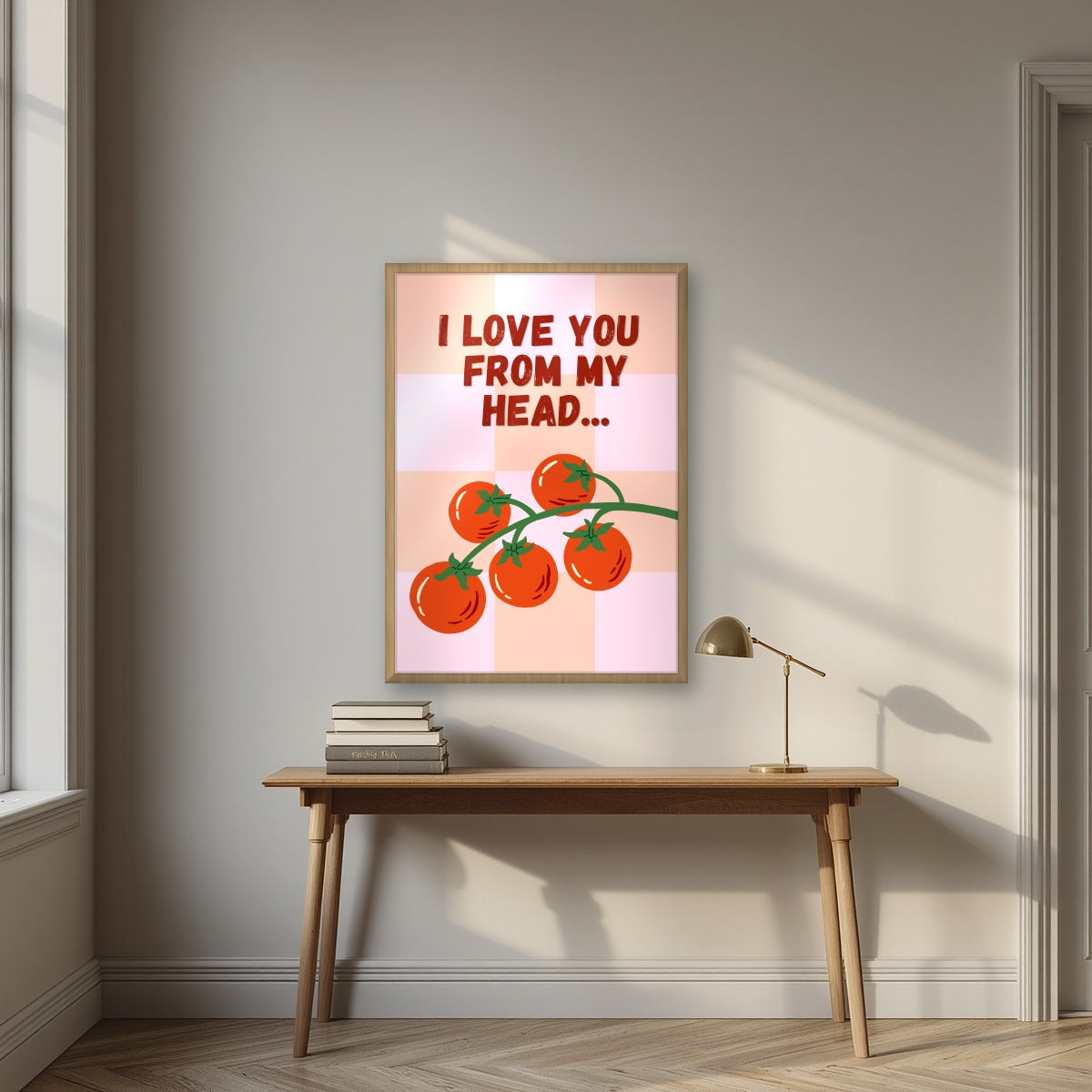 Head To-Matoes – Rose Check print in an oak frame above a desk