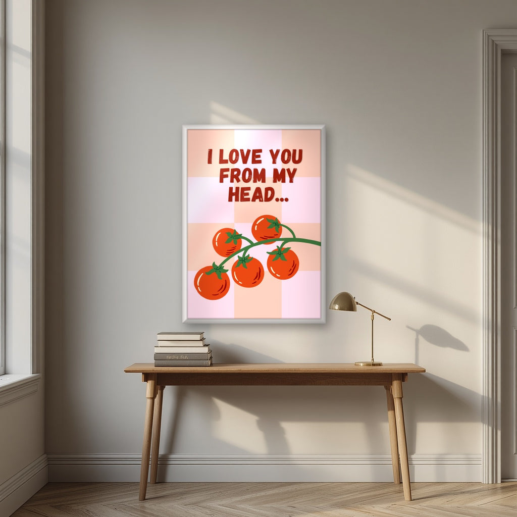 Head To-Matoes – Rose Check print in a white frame above a desk