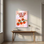 Head To-Matoes – Rose Check print in a white frame above a desk