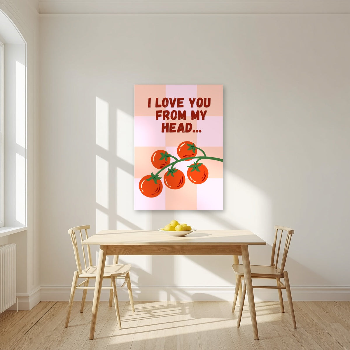 Head To-Matoes – Rose Check unframed poster in a kitchen