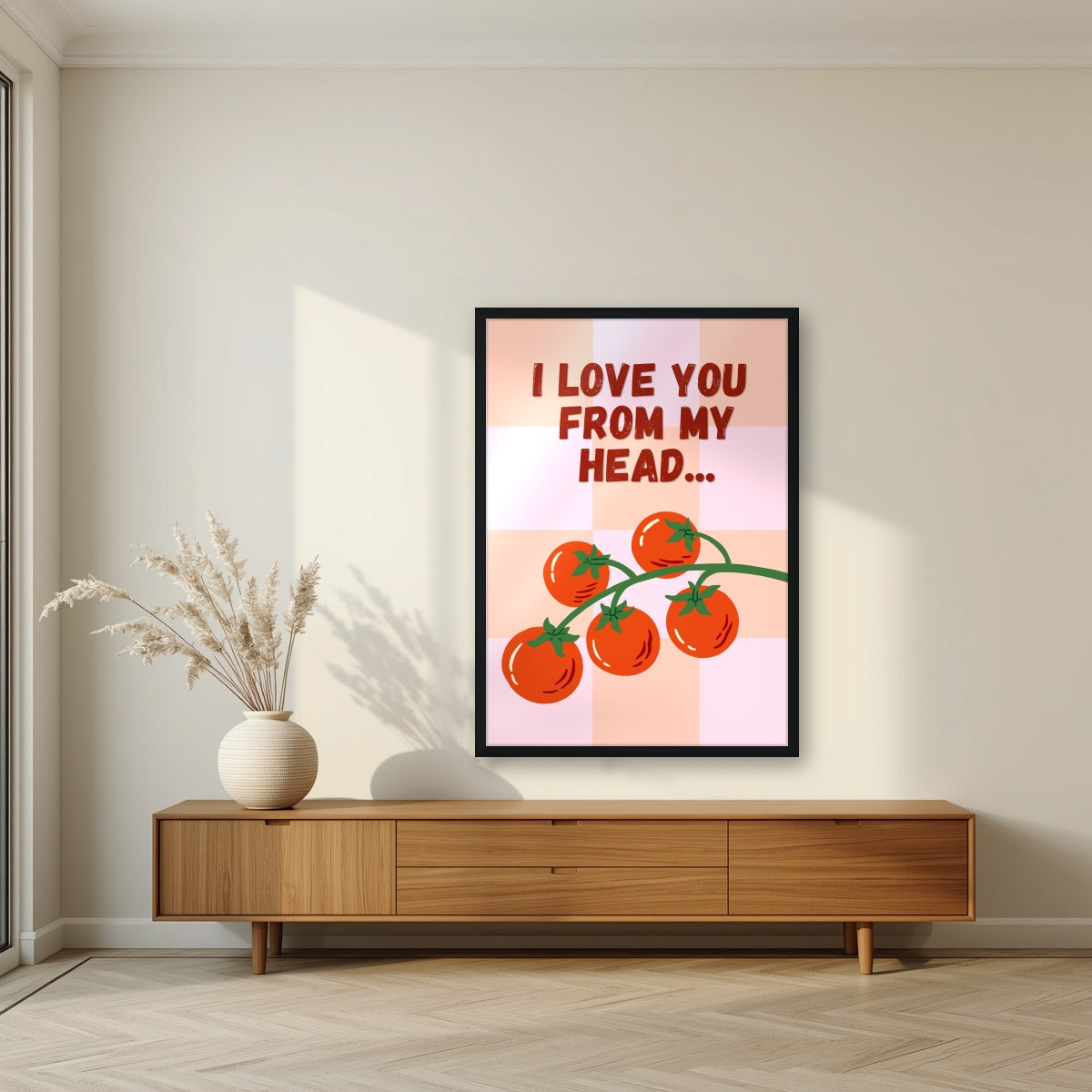 Head To-Matoes – Rose Check print in a black frame in a living room