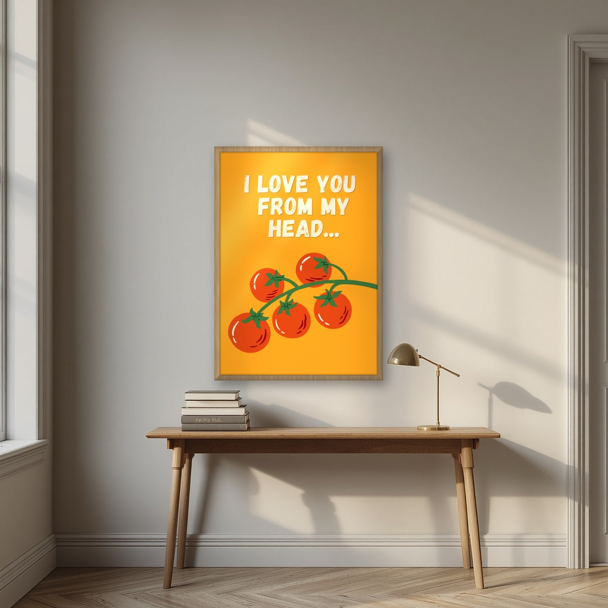 Head To-Matoes – Sunset Orange print in an oak frame above a desk