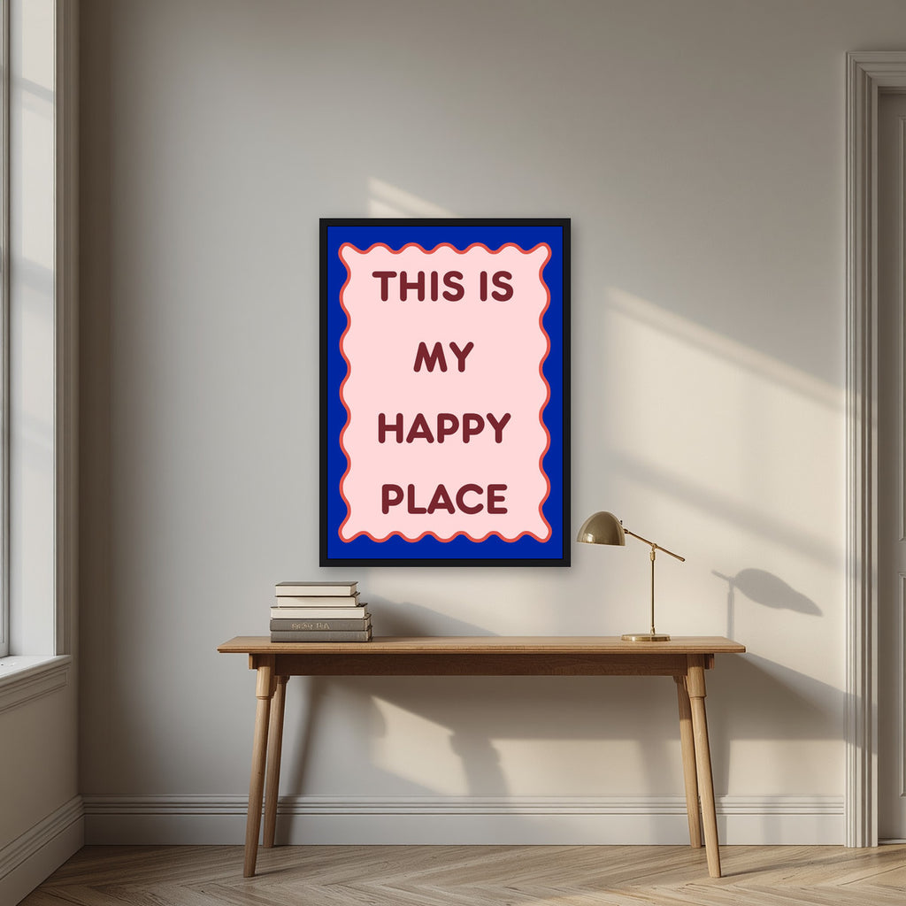 This Is My Happy Place – Cobalt art print, in a black frame, styled in a desk