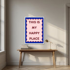 This Is My Happy Place – Cobalt art print, in a white frame, styled in a desk