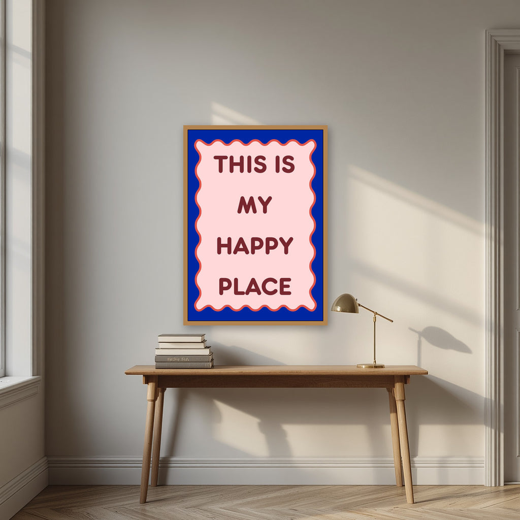 This Is My Happy Place – Cobalt art print, in an oak frame, styled in a desk