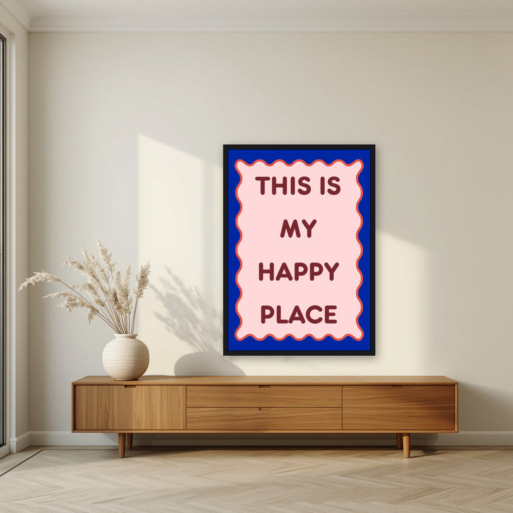 This Is My Happy Place – Cobalt art print, in a black frame, styled in a living room
