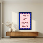 This Is My Happy Place – Cobalt art print, in a black frame, styled in a living room