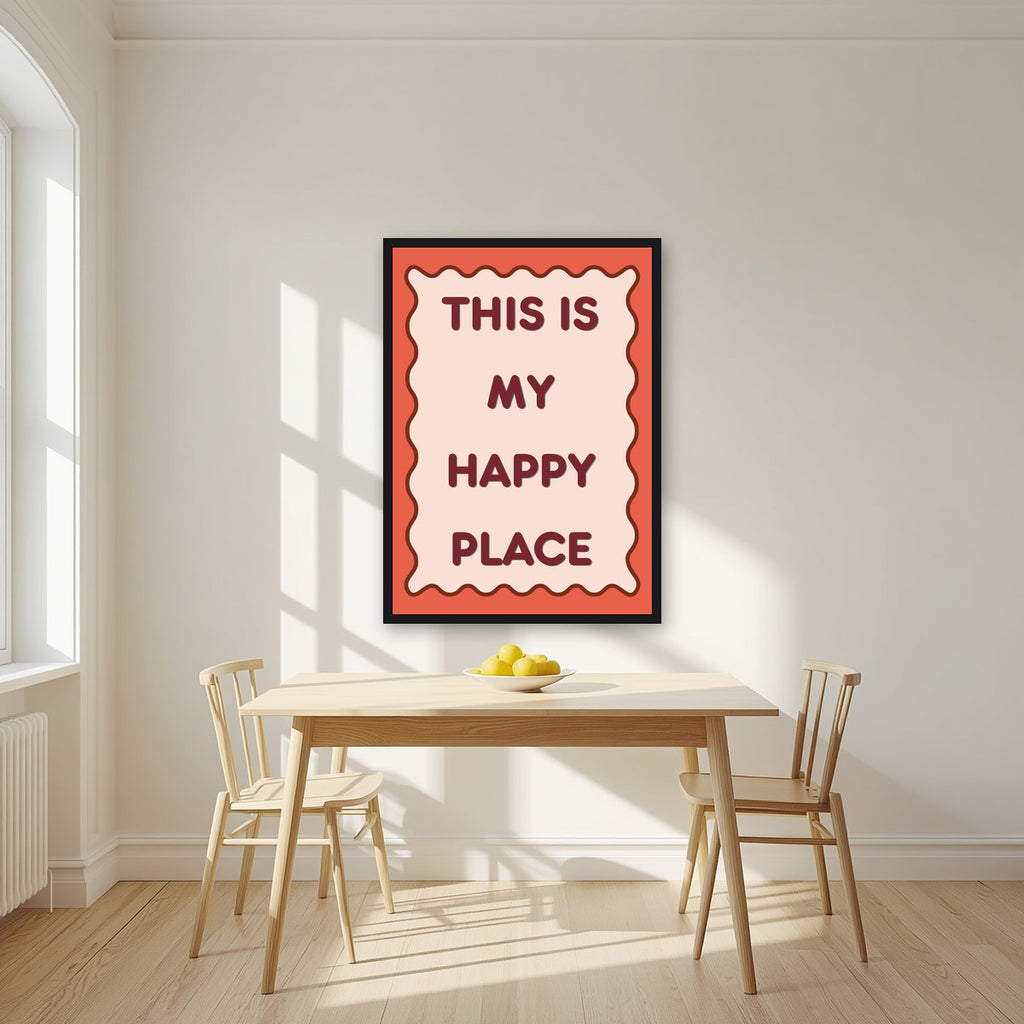 This Is My Happy Place – Coral art print, in a black frame, styled in a kitchen