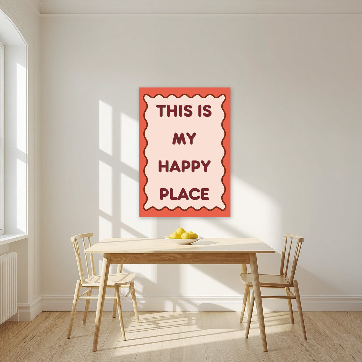 This Is My Happy Place – Coral art print, unframed poster, styled in a kitchen
