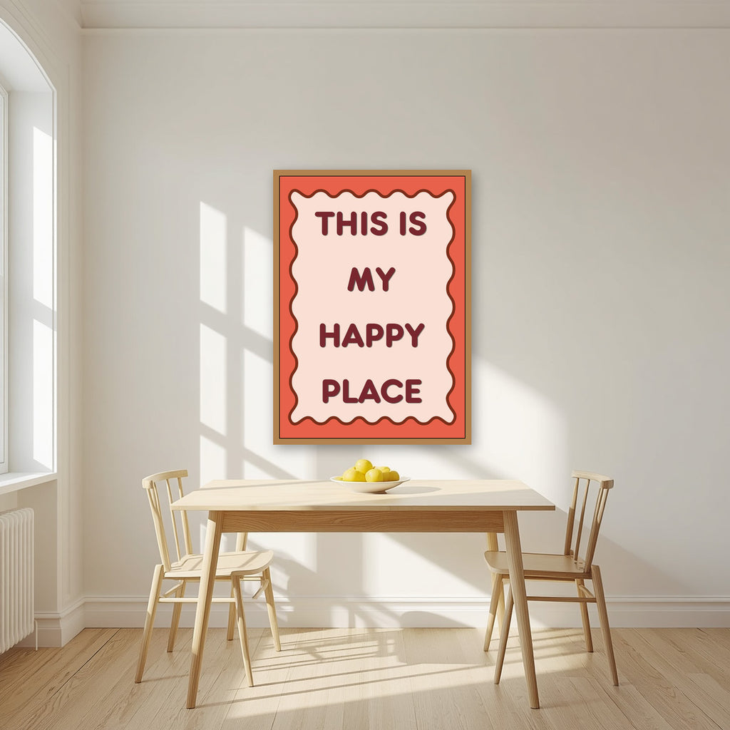 This Is My Happy Place – Coral art print, in an oak frame, styled in a kitchen