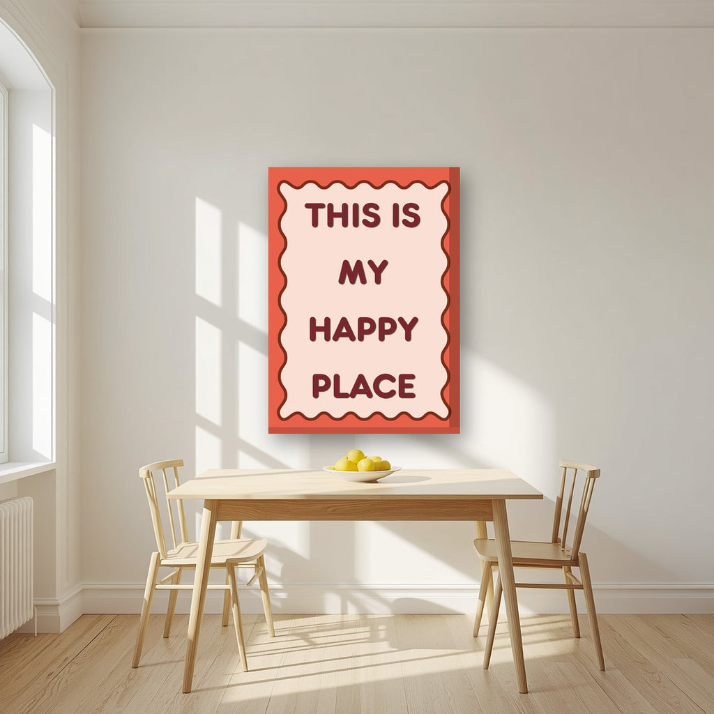 This Is My Happy Place – Coral art print, on thick canvas, styled in a kitchen