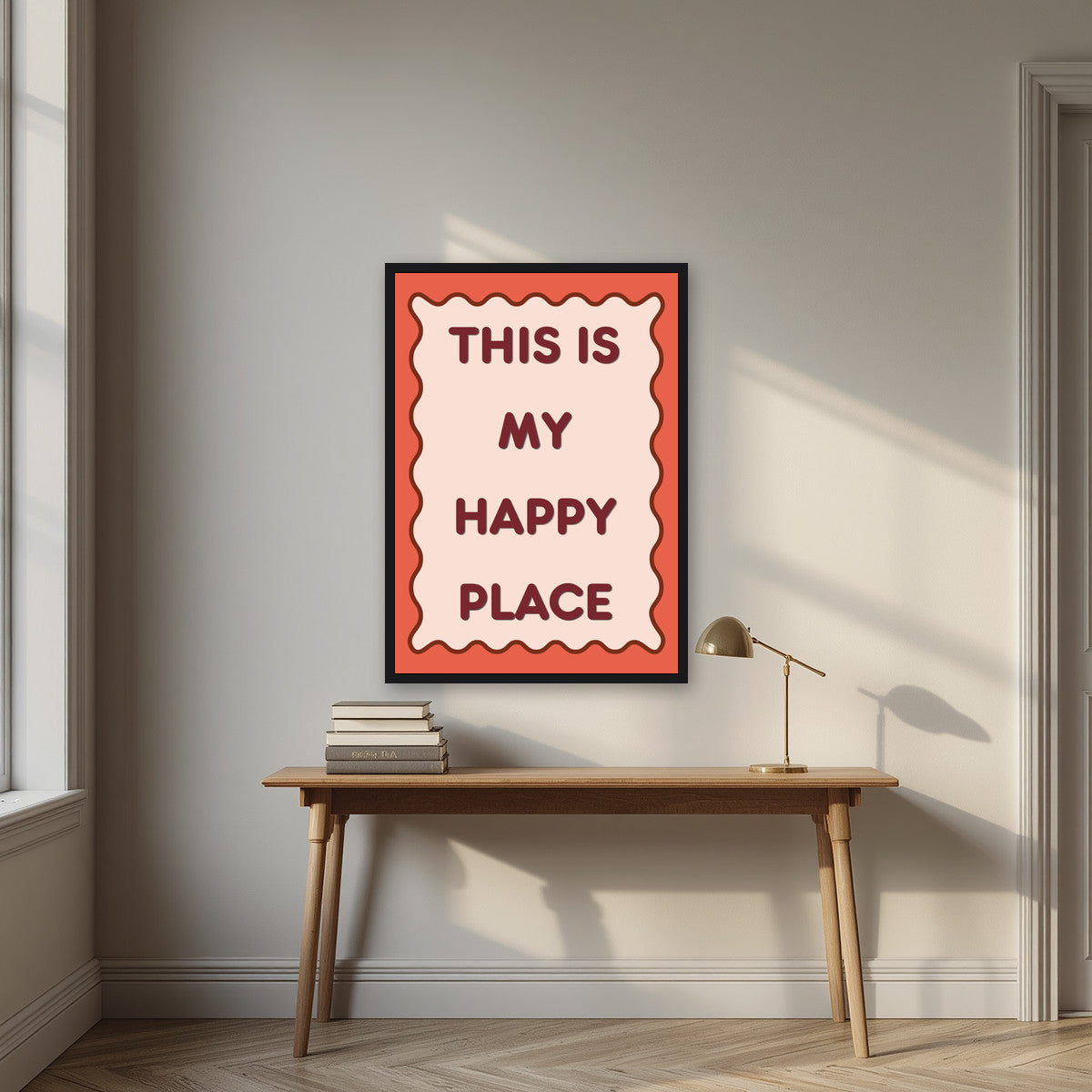 This Is My Happy Place – Coral art print, in a black frame, styled in a desk