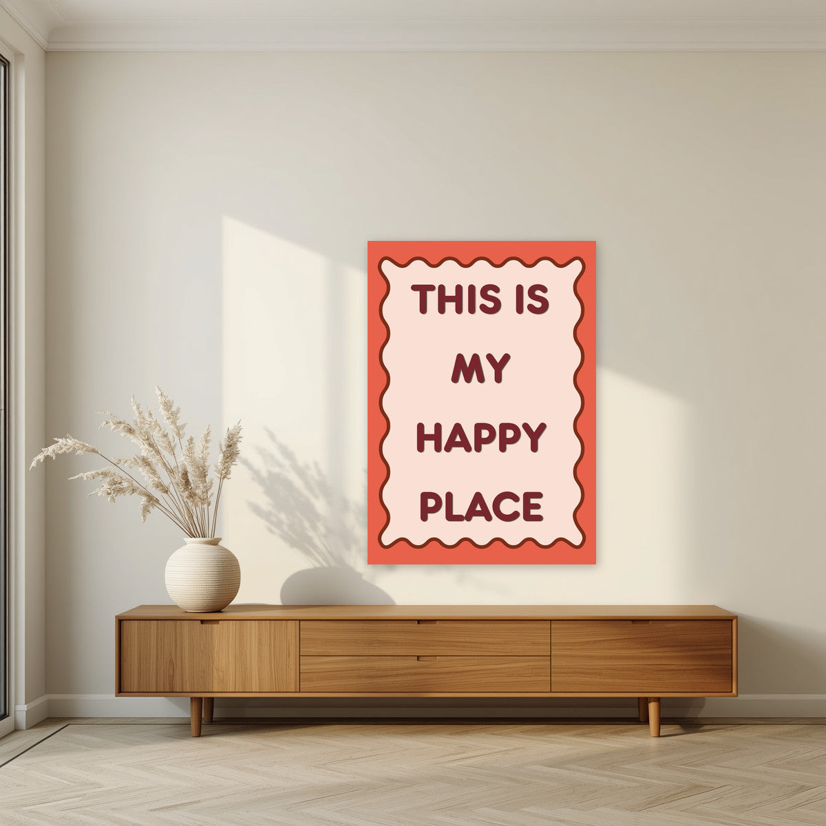 This Is My Happy Place – Coral art print, unframed poster, styled in a living room