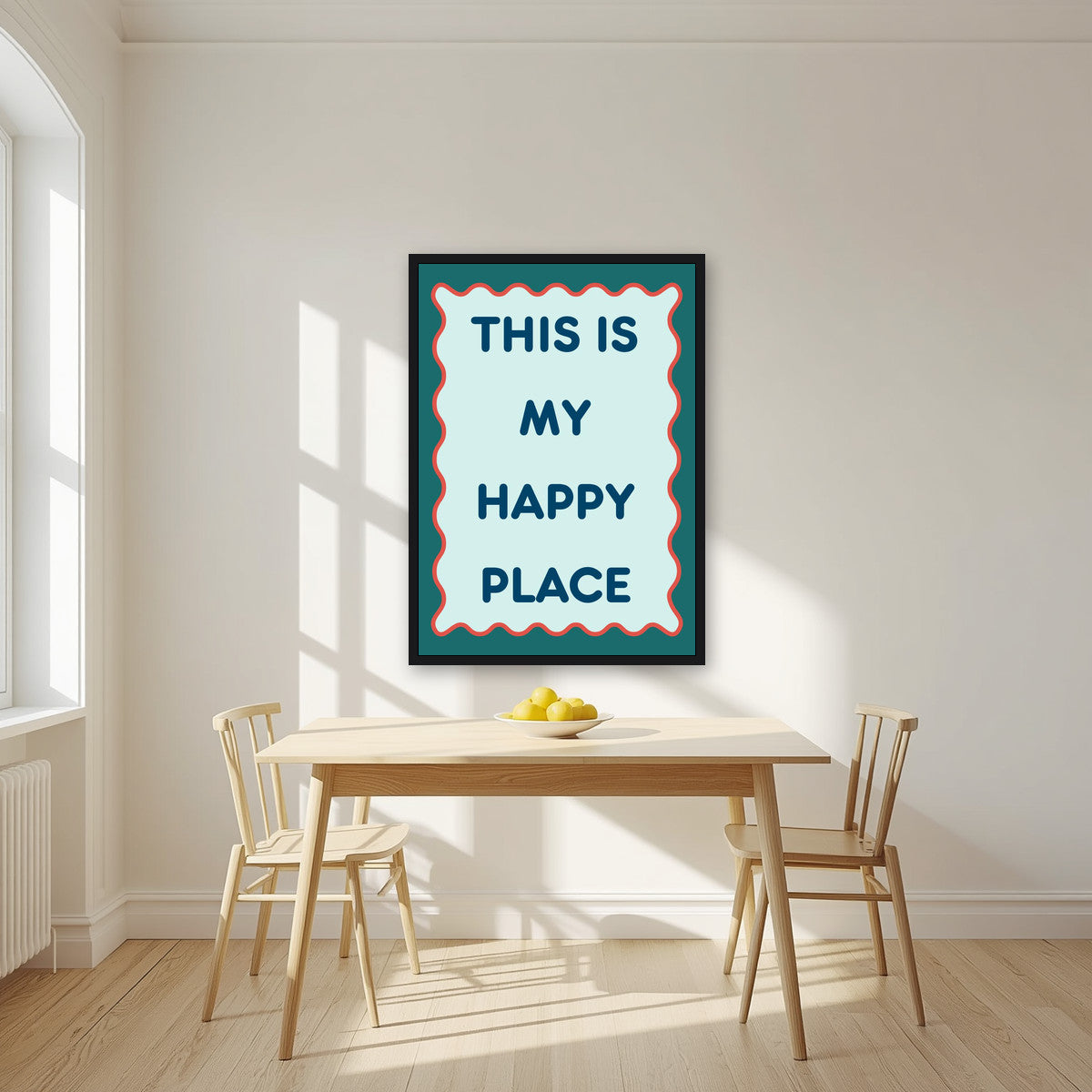 This Is My Happy Place – Deep Teal art print, in a black frame, styled in a kitchen