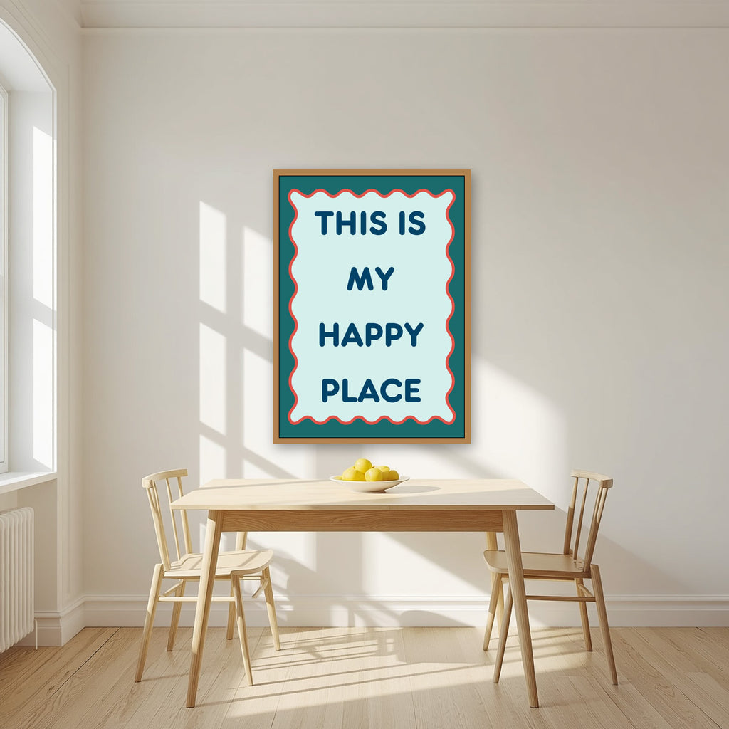 This Is My Happy Place – Deep Teal art print, in an oak frame, styled in a kitchen