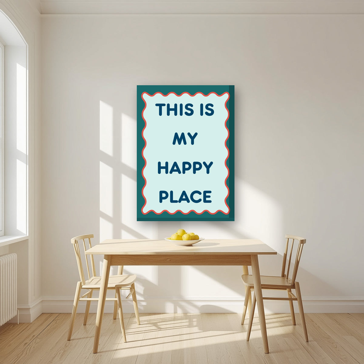 This Is My Happy Place – Deep Teal art print, on thick canvas, styled in a kitchen