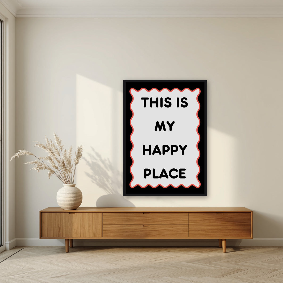 This Is My Happy Place – Midnight art print, in a black frame, styled in a living room