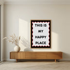 This Is My Happy Place – Midnight art print, in an oak frame, styled in a living room