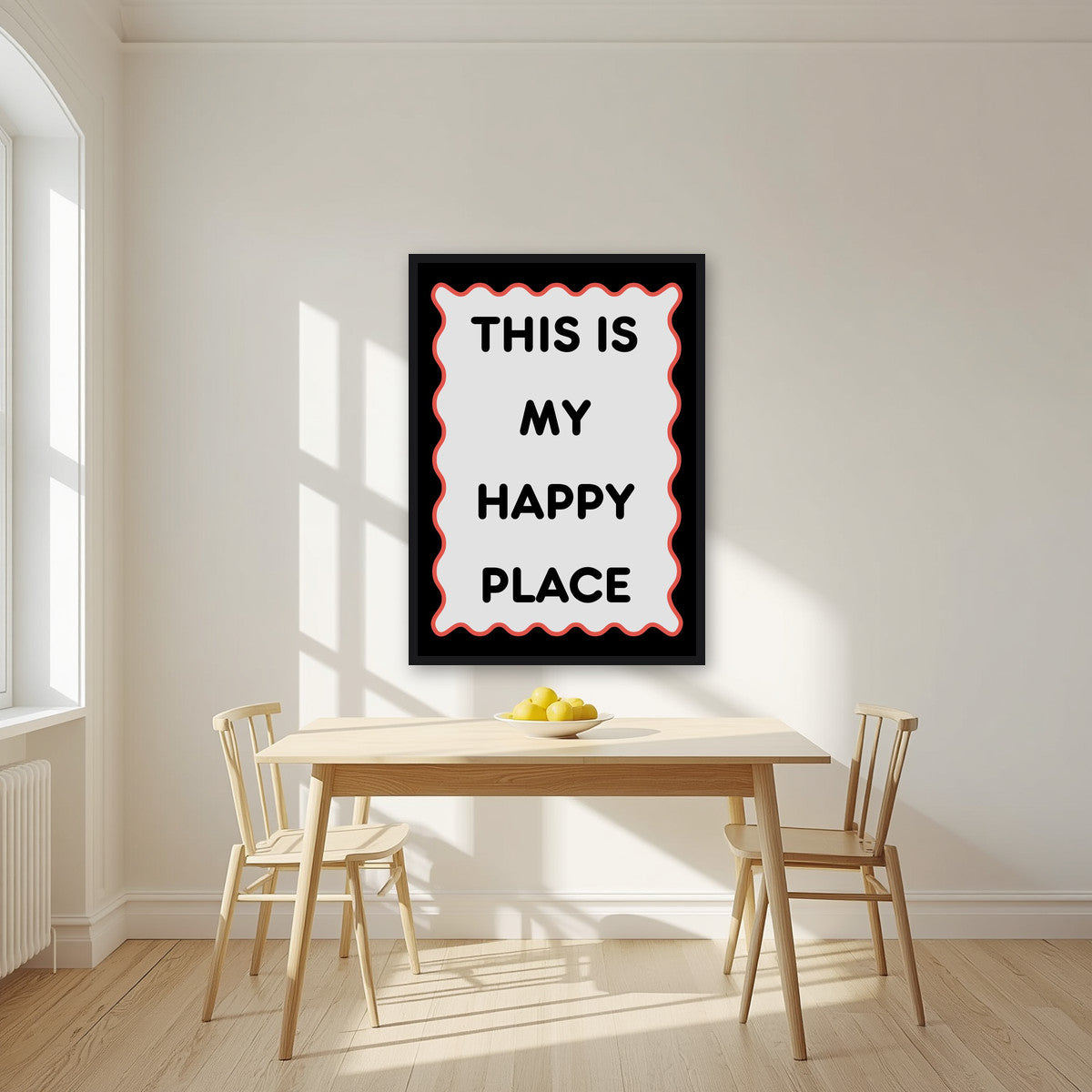 This Is My Happy Place – Midnight art print, in a black frame, styled in a kitchen