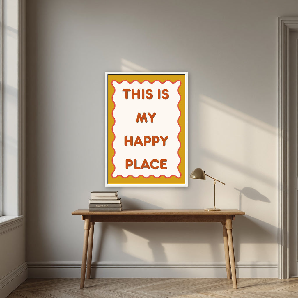 This Is My Happy Place – Ochre art print, in a white frame, styled in a desk