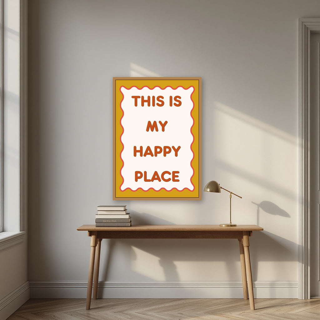 This Is My Happy Place – Ochre art print, in an oak frame, styled in a desk