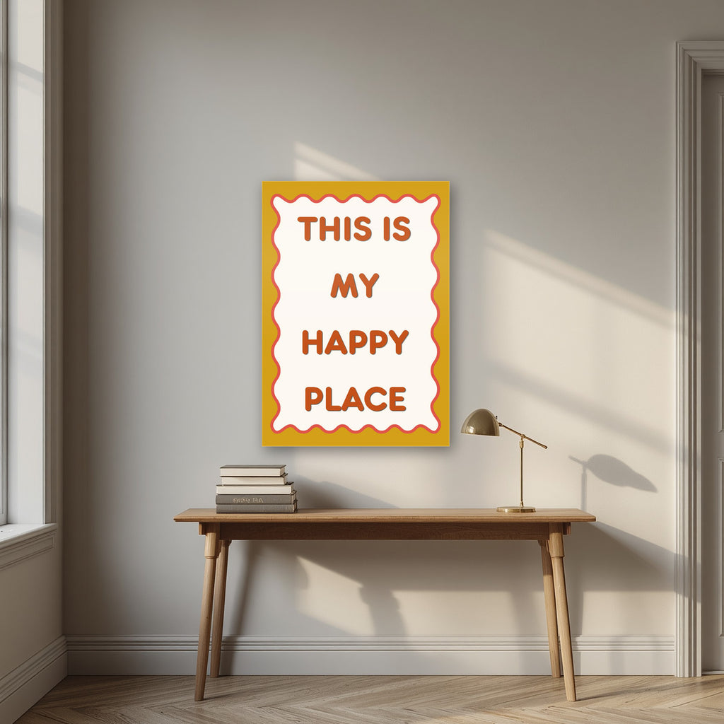 This Is My Happy Place – Ochre art print, as an acrylic print, styled in a desk