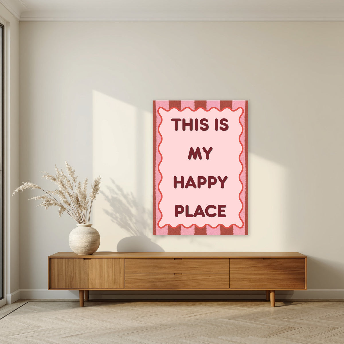 This Is My Happy Place – Rhubarb Stripe art print, unframed poster, styled in a living room