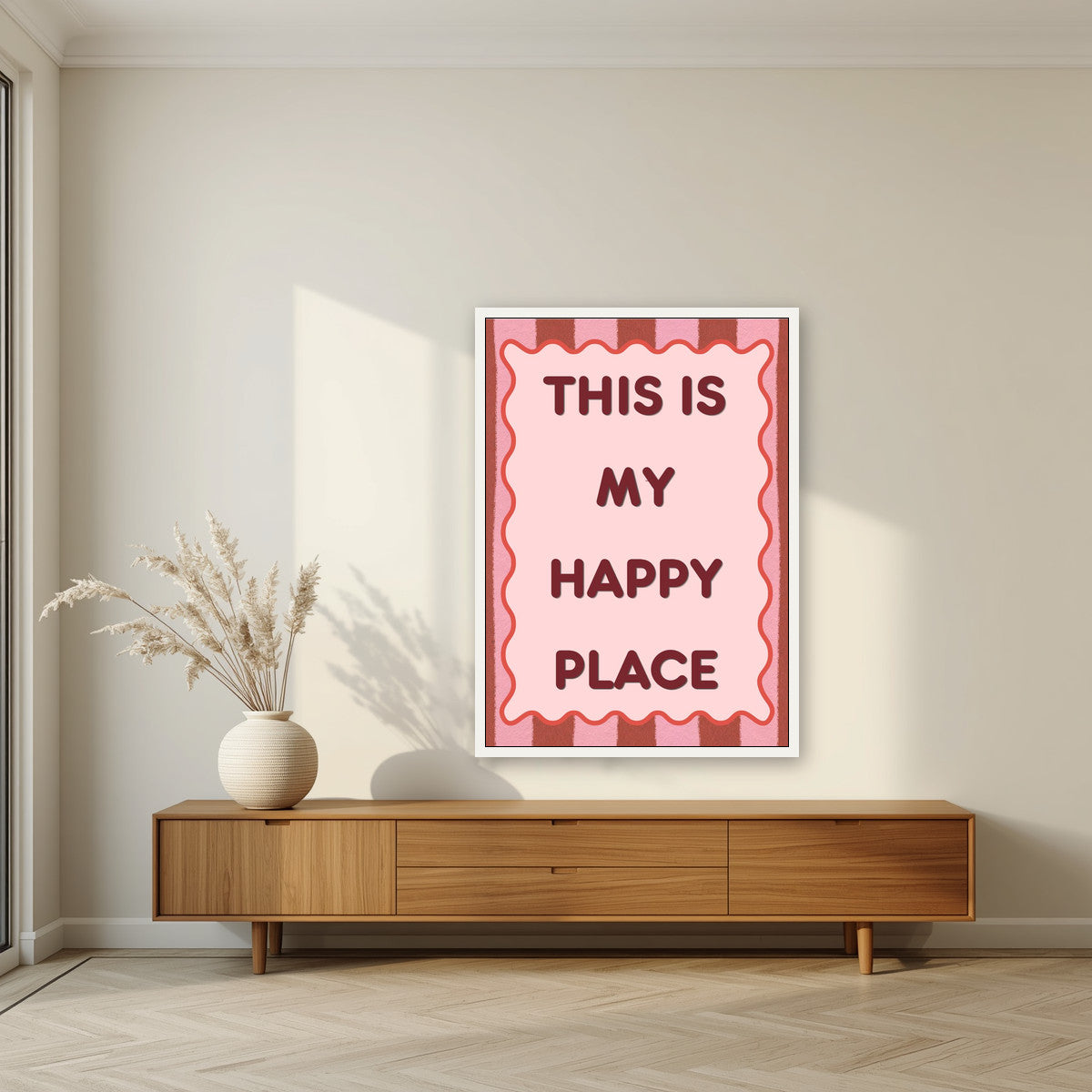 This Is My Happy Place – Rhubarb Stripe art print, in a white frame, styled in a living room
