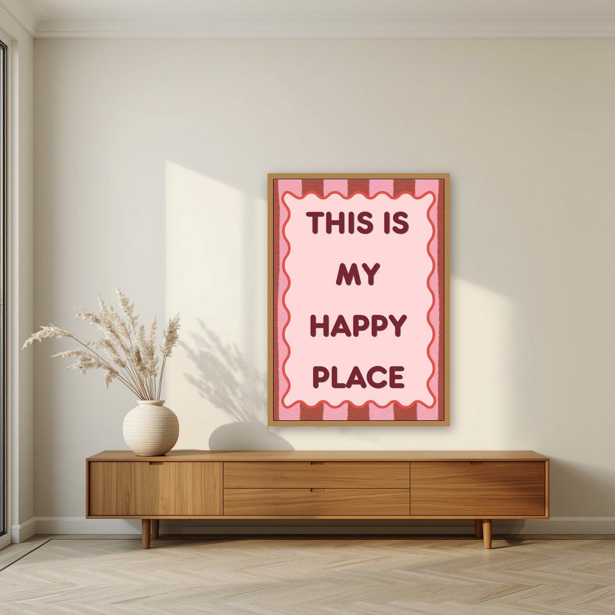 This Is My Happy Place – Rhubarb Stripe art print, in an oak frame, styled in a living room
