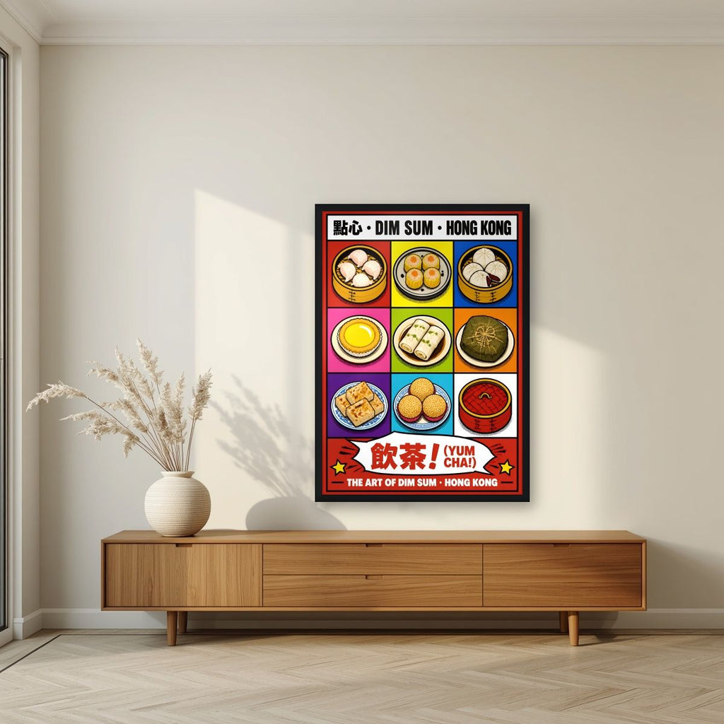 Dim Sum — Hong Kong art print, in a black frame, styled in a living room