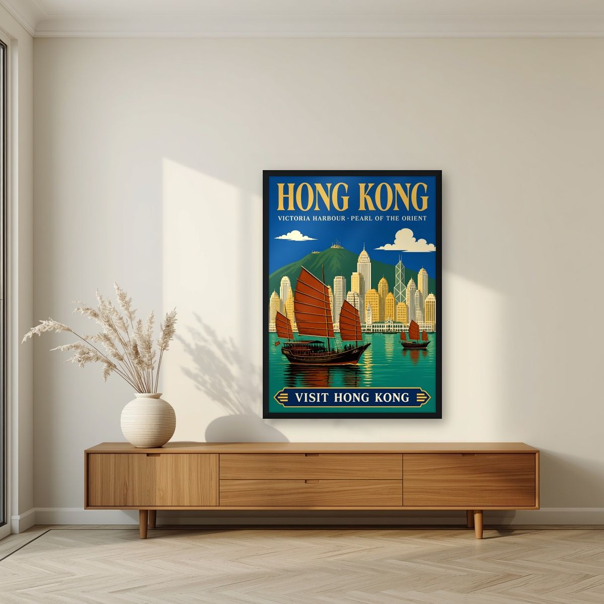 Pearl Of The Orient — Hong Kong art print, in a black frame, styled in a living room