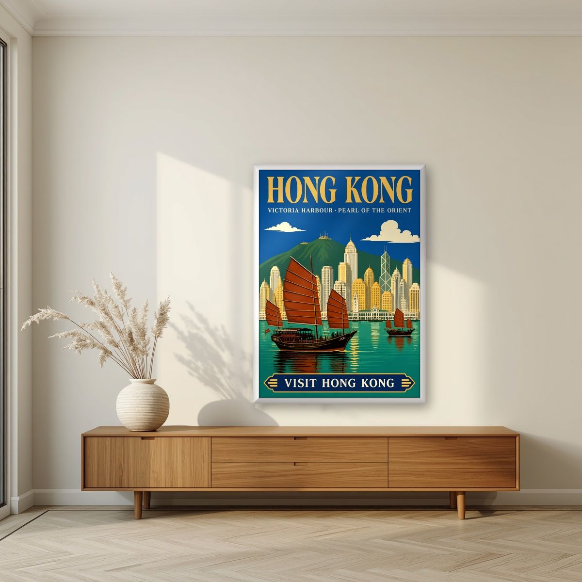 Pearl Of The Orient — Hong Kong art print, in a white frame, styled in a living room
