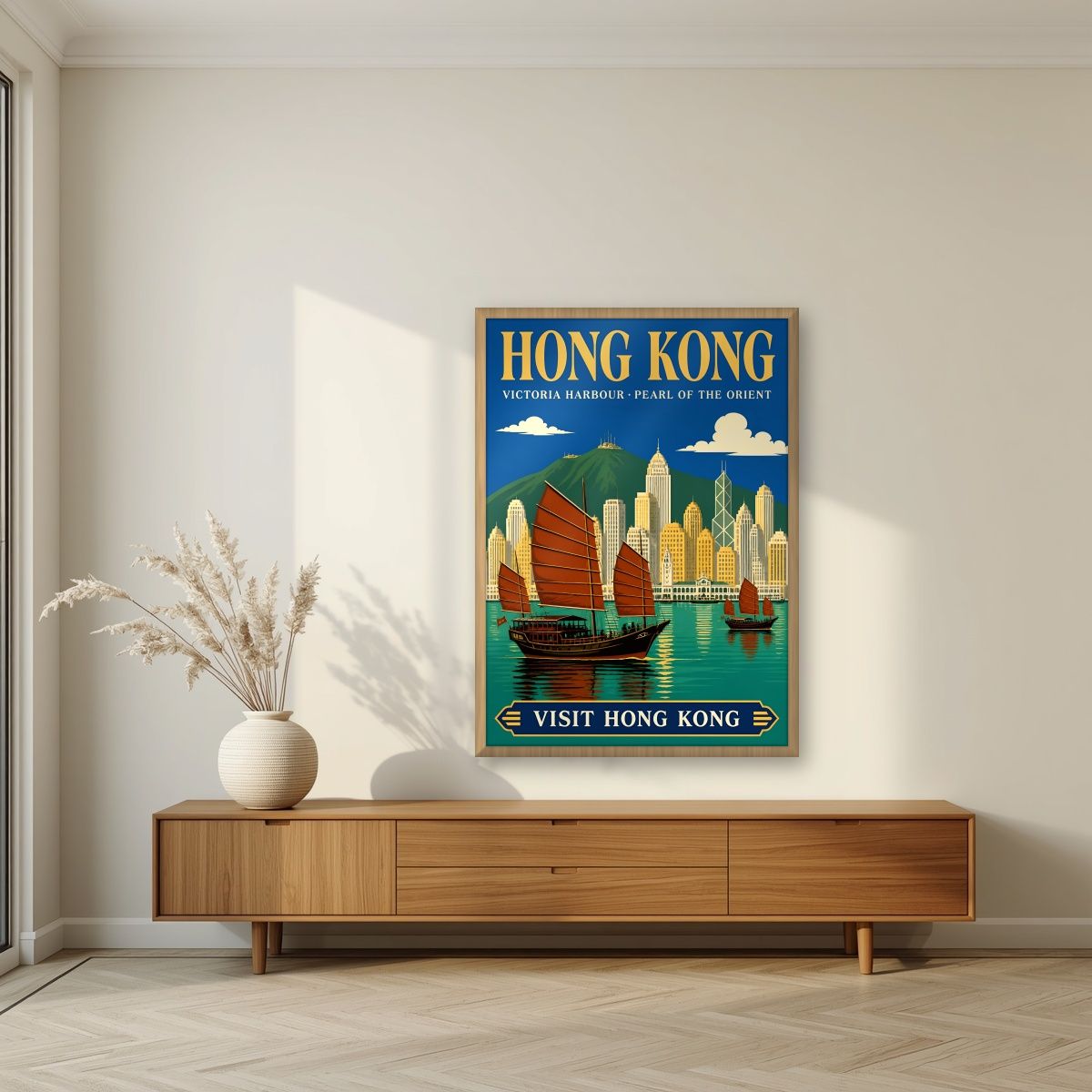 Pearl Of The Orient — Hong Kong art print, in an oak frame, styled in a living room