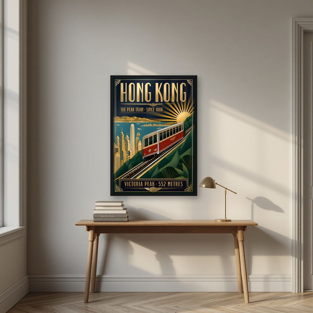 The Peak Tram — Hong Kong art print, in a black frame, styled in a desk