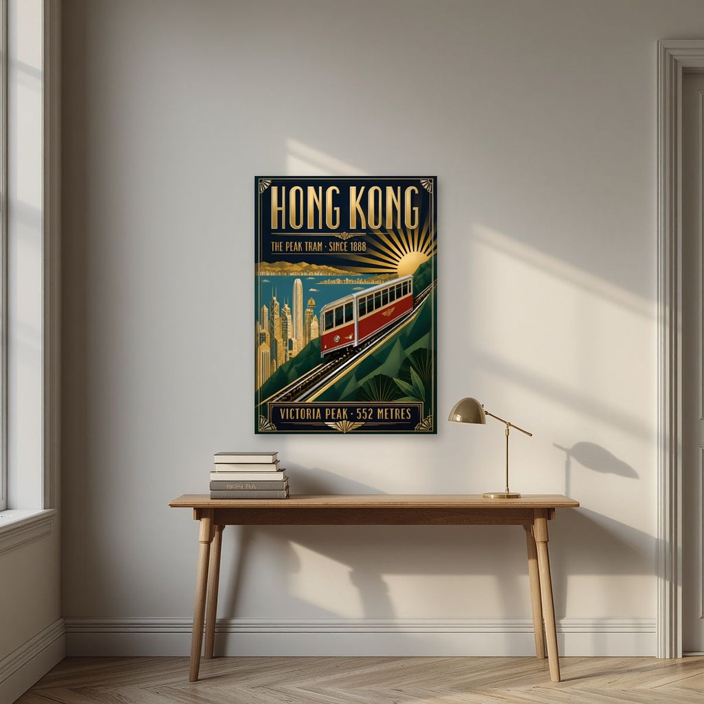 The Peak Tram — Hong Kong art print, unframed poster, styled in a desk